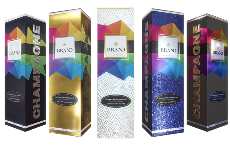 Five variants of the champagne packaging with different finishing effects