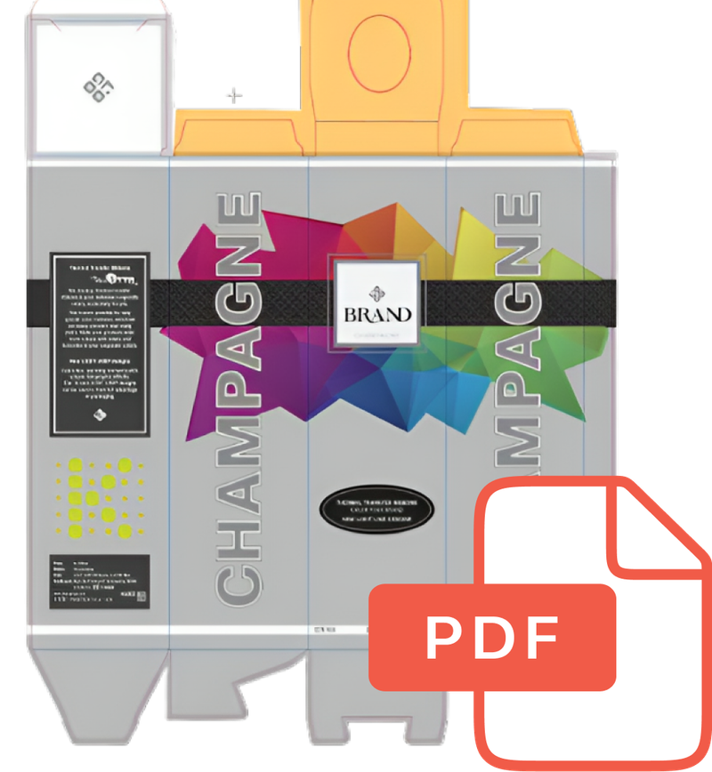 Packaging design of a champagne box as a PDF print sheet
